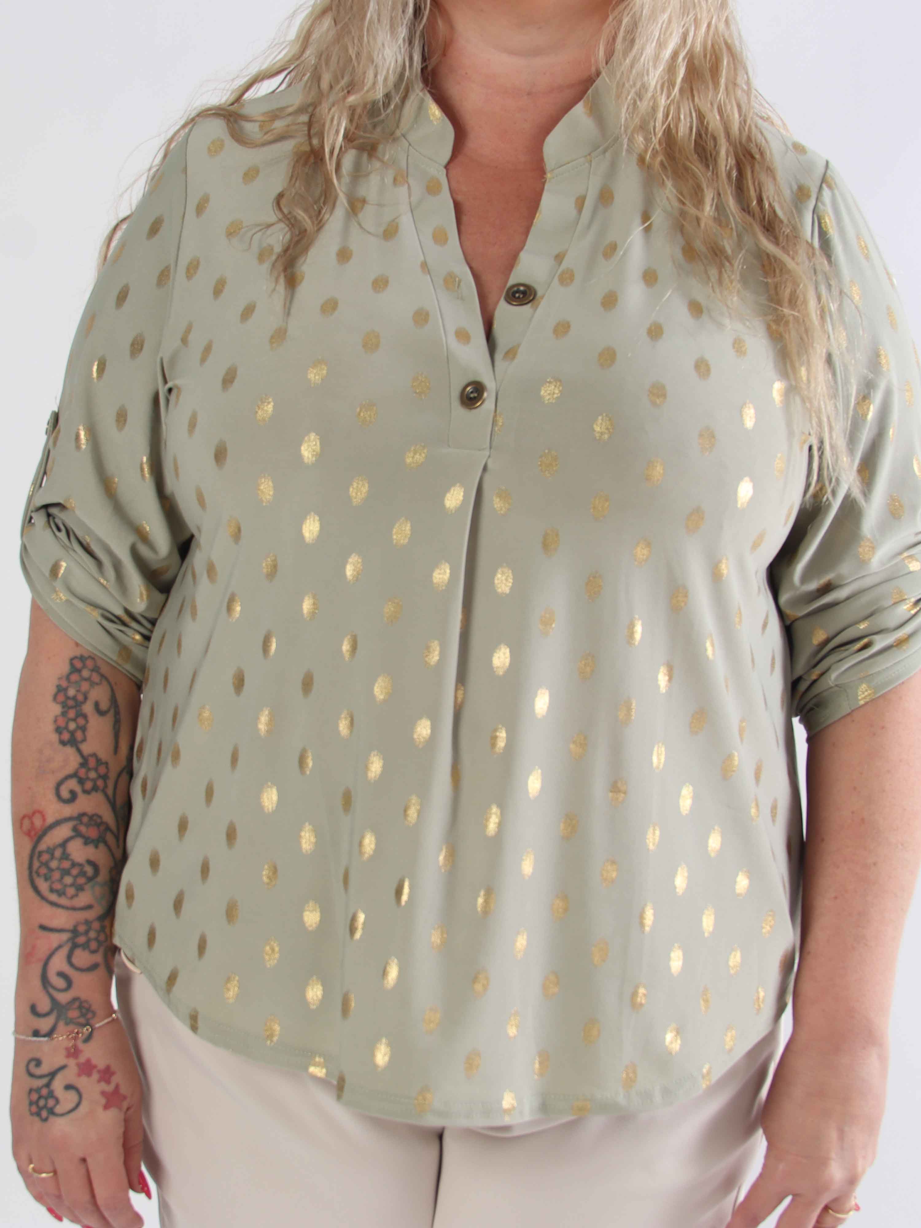 Ebba Gold Shirt - Elastisk plus size bluse med guld dutter